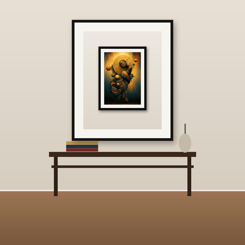 May include: A framed wall art print featuring a dark, abstract figure surrounded by floating golden spheres and warm, glowing light. The artwork is displayed in a black frame with a white mat, mounted on a wall above a dark brown console table.