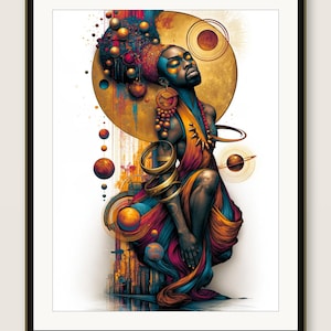 May include: A framed digital art print featuring a stylized figure with dark skin, adorned in gold jewelry and draped in flowing orange, blue, and purple fabric. The composition includes celestial spheres, planetary rings, and a large golden sun-like disc behind the figure's head, set against a white background.