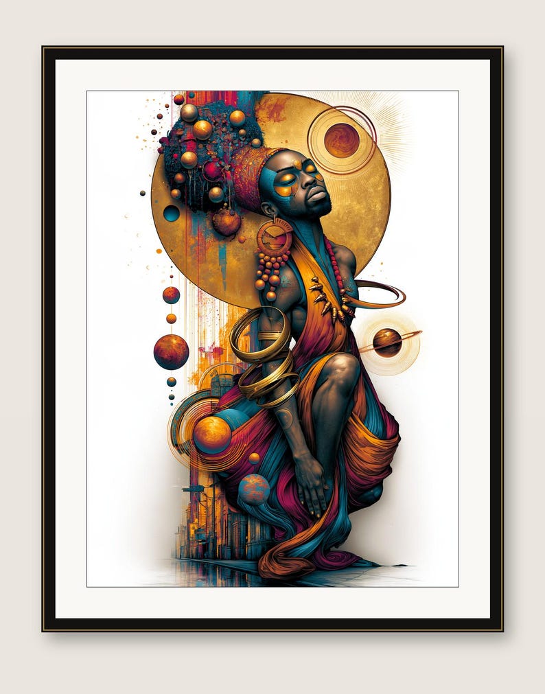 May include: A framed digital art print featuring a stylized figure with dark skin, adorned in gold jewelry and draped in flowing orange, blue, and purple fabric. The composition includes celestial spheres, planetary rings, and a large golden sun-like disc behind the figure's head, set against a white background.