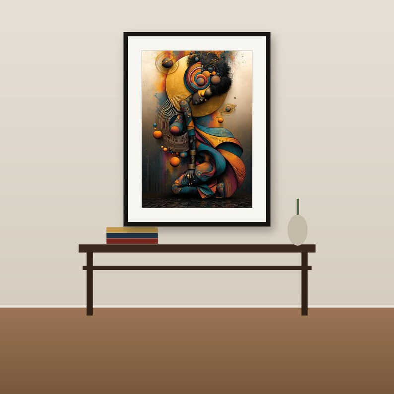 May include: A framed wall art print featuring a stylized figure in a kneeling pose, surrounded by swirling orange, blue, and gold circular elements and abstract lines. The composition uses a warm color palette with deep shadows and intricate patterns.