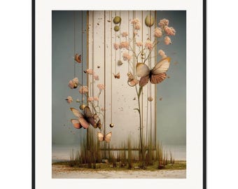 May include: A framed wall art print featuring a vertical rectangular panel with hanging gold strings, delicate pink flower clusters, and several butterflies with brown and tan wings. The composition includes small gold spheres suspended among the flora.