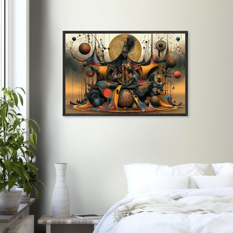 Inramad väggkonst i afroamerikansk stil, invigning, svart andligt konsttryck, afrosurreal guldhalo-dekor, redo att hängas bild 3