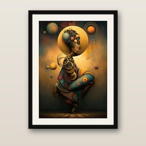 May include: A framed wall art print featuring a figure with a large, spherical, multi-colored hairstyle and golden facial markings. The figure wears a flowing, patterned garment amidst floating planets and golden rings against a dark background.