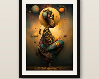May include: A framed wall art print featuring a figure with a large, spherical, multi-colored hairstyle and golden facial markings. The figure wears a flowing, patterned garment amidst floating planets and golden rings against a dark background.