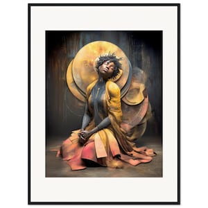 May include: A framed wall art print featuring a person with dark skin and short hair, eyes closed, wearing a yellow and orange layered garment. Behind the figure are large, overlapping circular metallic discs in gold and bronze tones.