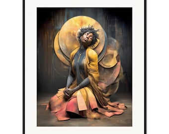 May include: A framed wall art print featuring a person with dark skin and short hair, eyes closed, wearing a yellow and orange layered garment. Behind the figure are large, overlapping circular metallic discs in gold and bronze tones.