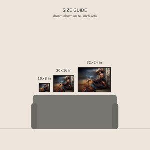 May include: A size guide graphic featuring three framed rectangular art prints displayed above an 84-inch sofa. The prints are labeled with dimensions of 10x8 inches, 20x16 inches, and 32x24 inches, each showing a portrait of a person in warm tones.