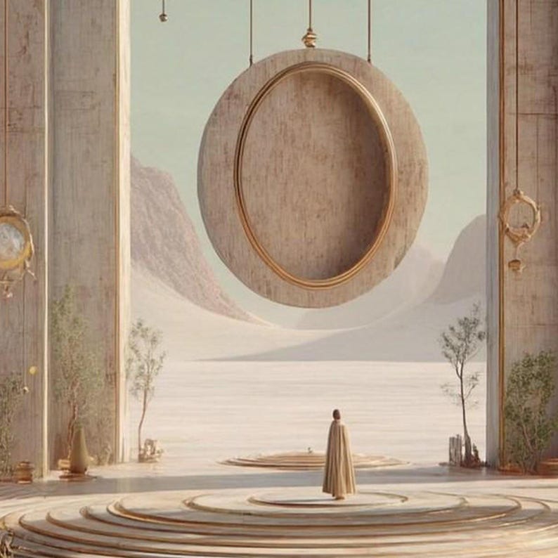 May include: A large, circular, beige stone structure hangs suspended in the center of a vast, open-air hall. A person wearing a long, flowing beige cloak stands on a tiered, circular platform, facing the desert landscape beyond the pillars.