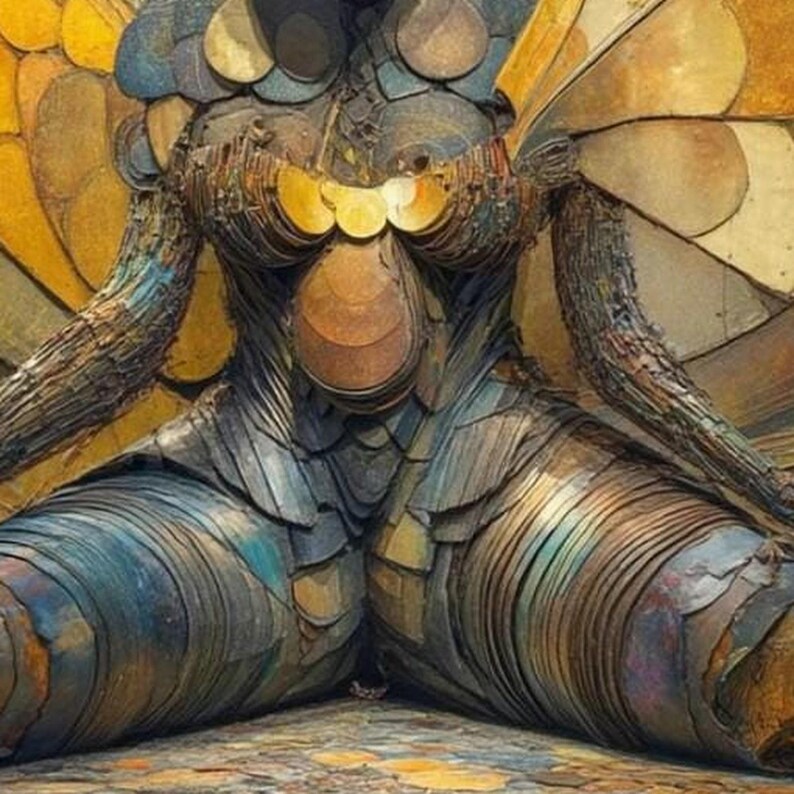 May include: A sculpture of a human figure constructed from layered, overlapping circular metal plates in shades of bronze, copper, and dark gray. The figure features a textured, scale-like surface throughout the torso, arms, and legs.
