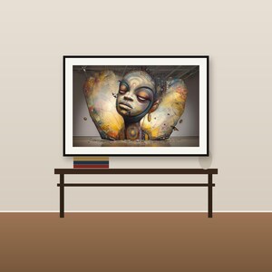 May include: A framed wall art print featuring a stylised portrait of a person with closed eyes, rendered in shades of gold, blue, and brown. The artwork displays intricate circular patterns and abstract shapes surrounding the central figure.