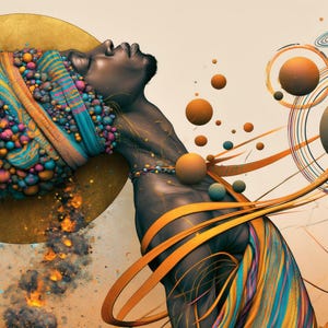 May include: A digital illustration of a person with dark skin wearing a headwrap covered in colorful spheres. A large gold circle sits behind the head. Orange ribbons flow from the body toward floating planets and rings in a cosmic arrangement.