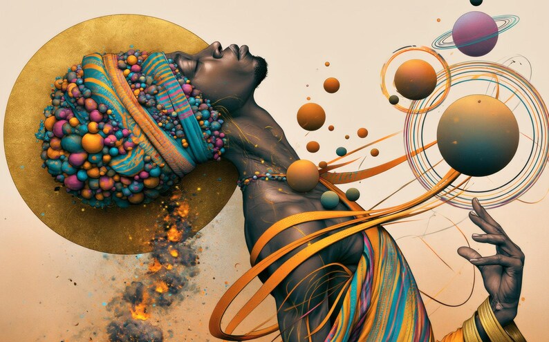 May include: A digital illustration of a person with dark skin wearing a headwrap covered in colorful spheres. A large gold circle sits behind the head. Orange ribbons flow from the body toward floating planets and rings in a cosmic arrangement.