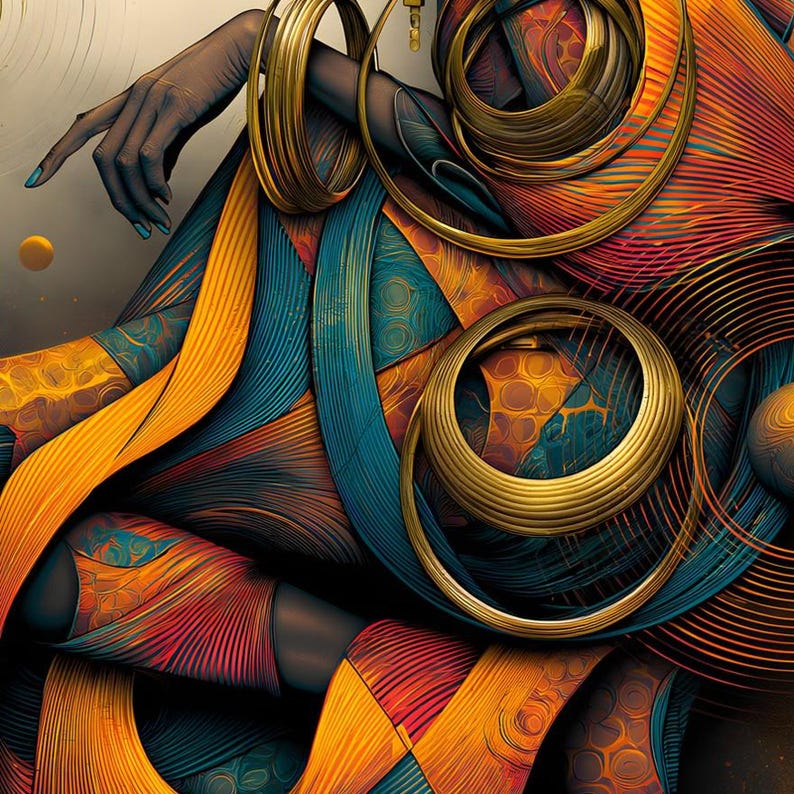 May include: An abstract digital artwork featuring flowing, layered fabric-like textures in vibrant shades of orange, teal, and deep blue. Large, circular gold rings are layered over the composition, which also includes a dark hand with teal nails.