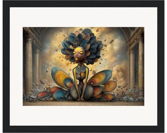 May include: A framed art print featuring a central figure with a large, dark blue, petal-like hairstyle and matching layered, fan-shaped garments in shades of blue, orange, and yellow, set against a background of classical stone pillars.
