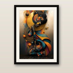 May include: A framed wall art print featuring a stylized figure in a kneeling pose, surrounded by concentric circles, spheres, and planetary rings in shades of gold, orange, teal, and deep blue, set against a textured, abstract background.