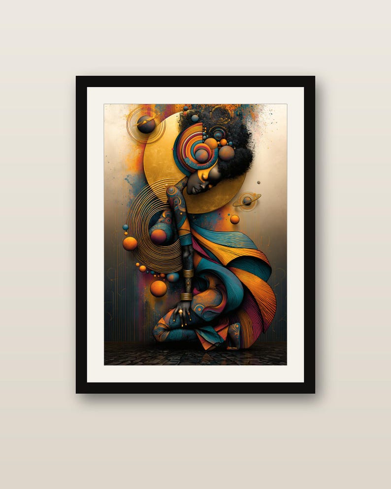 May include: A framed wall art print featuring a stylized figure in a kneeling pose, surrounded by concentric circles, spheres, and planetary rings in shades of gold, orange, teal, and deep blue, set against a textured, abstract background.