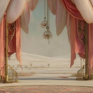 May include: A decorative archway featuring draped cream and dusty rose fabric, gold metal structural supports with intricate filigree, and two hanging glass pendant lights, framing a view of a vast, sandy desert landscape.