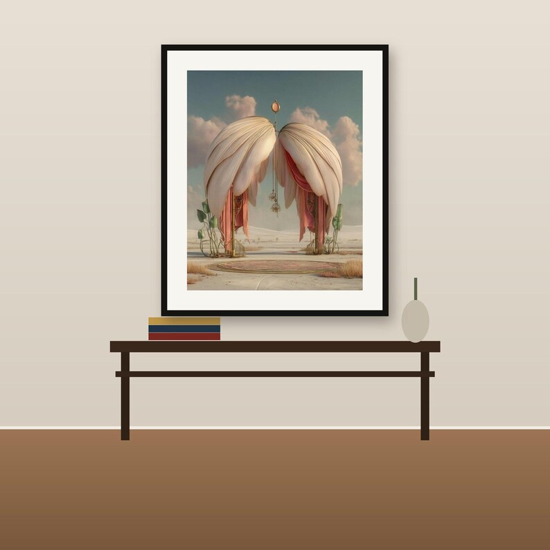 May include: A framed wall art print featuring a surreal landscape with two large, curved, cream-colored fabric structures resembling wings or drapes, set against a cloudy sky above a desert floor with a circular rug and sparse vegetation.