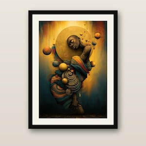 May include: A framed art print featuring a dark-skinned figure with closed eyes, draped in layered blue and orange fabric. The composition includes floating golden spheres and celestial elements against a glowing yellow and dark blue background.