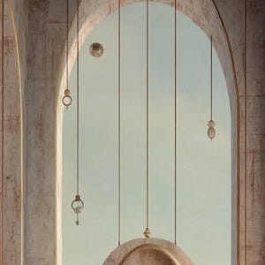 May include: A series of thin, vertical bronze-colored rods hang within a large, light-colored stone archway. Small, circular, and oval-shaped metallic ornaments are suspended at varying heights from these rods against a pale sky.