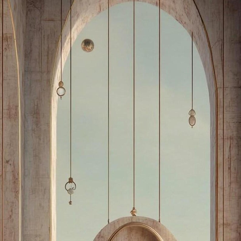 May include: A series of thin, vertical bronze-colored rods hang within a large, light-colored stone archway. Small, circular, and oval-shaped metallic ornaments are suspended at varying heights from these rods against a pale sky.