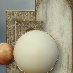 May include: A large, circular, matte white light fixture is positioned in front of two rectangular panels with gold frames. The panels feature intricate, raised gold line patterns. A textured, spherical brown object sits to the left.
