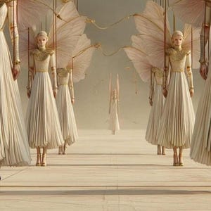 May include: Multiple figures wearing cream-colored pleated dresses with gold-toned collars and large, pale, wing-like structures attached to their backs. The figures are suspended by thin, vertical strings, creating a marionette-like appearance.