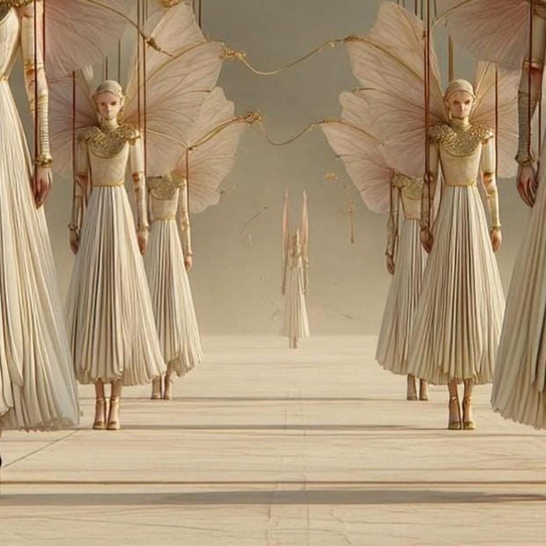 May include: Multiple figures wearing cream-colored pleated dresses with gold-toned collars and large, pale, wing-like structures attached to their backs. The figures are suspended by thin, vertical strings, creating a marionette-like appearance.