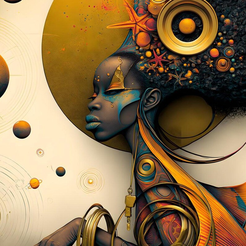 May include: A digital illustration of a person with dark skin and blue-tinted features, adorned with gold accents, starfish, and circular motifs. The background features a large gold circle and small planetary spheres with orbital rings.