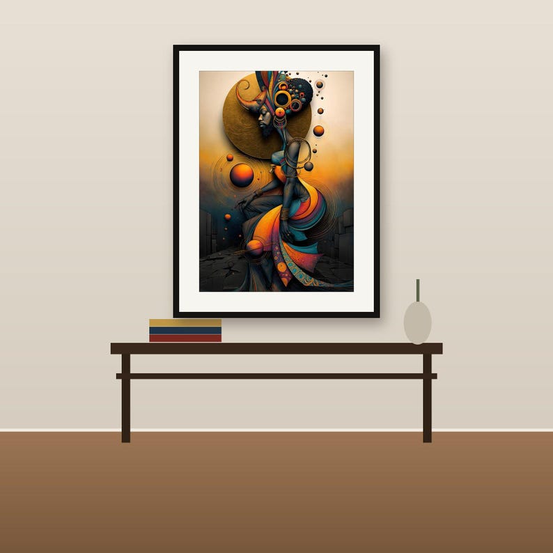 May include: A framed wall art print featuring a stylized figure in profile, adorned with vibrant orange, blue, and yellow flowing garments. The composition includes floating circular orbs against a dark, textured ground and a large golden sun-like disc.