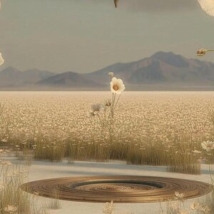 May include: A circular, bronze-toned, spiraled platform sits in a desert landscape filled with small white flowers and tall grasses. In the center of the field, a single white flower stands tall against a backdrop of distant mountains.