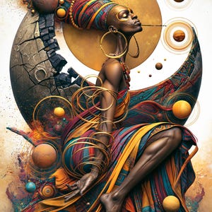 Pode incluir: Uma ilustra&ccedil;&atilde;o digital de uma pessoa de pele escura vestindo uma pe&ccedil;a de roupa e um len&ccedil;o de cabe&ccedil;a com padr&otilde;es vibrantes e coloridos, adornada com grandes argolas douradas e pulseiras, diante de uma lua crescente rachada.