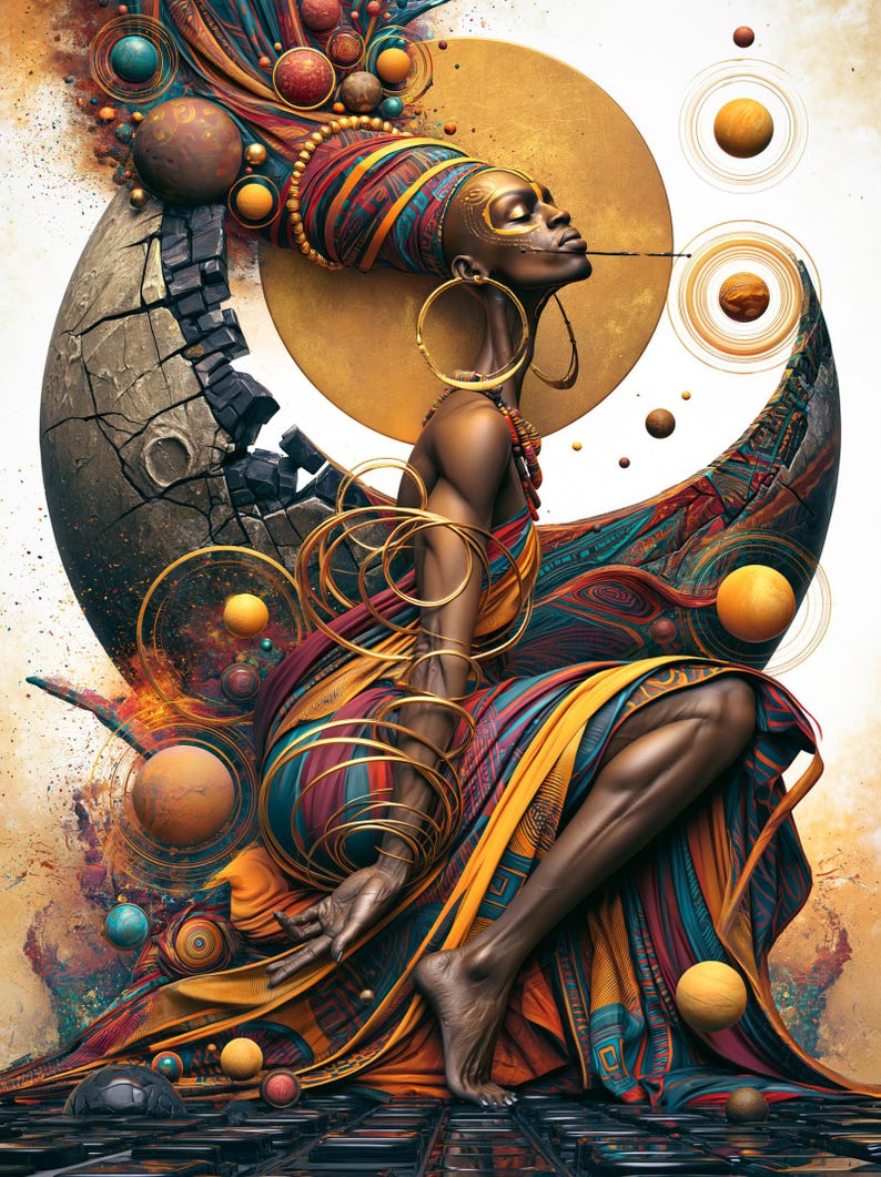 Pode incluir: Uma ilustra&ccedil;&atilde;o digital de uma pessoa de pele escura vestindo uma pe&ccedil;a de roupa e um len&ccedil;o de cabe&ccedil;a com padr&otilde;es vibrantes e coloridos, adornada com grandes argolas douradas e pulseiras, diante de uma lua crescente rachada.