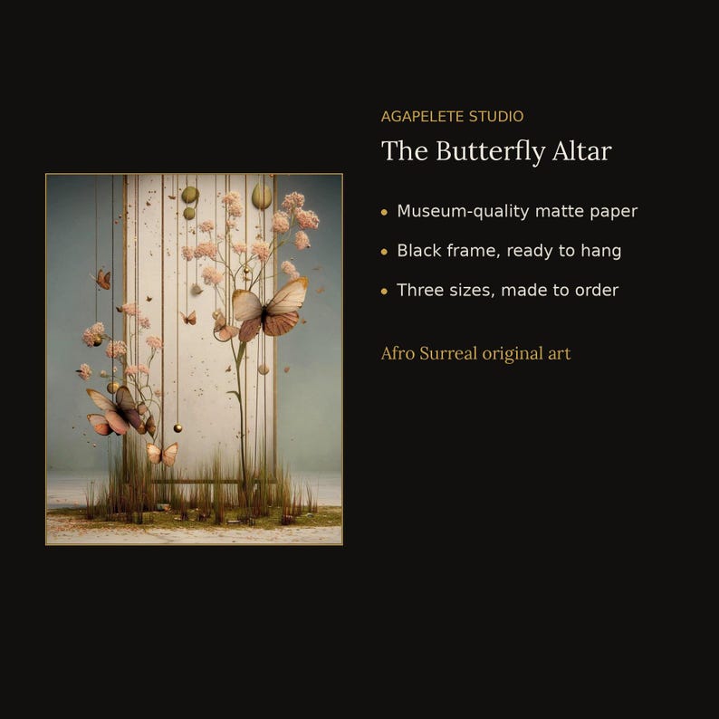 May include: A framed art print titled The Butterfly Altar by AGAPELETE STUDIO. The image features pale pink flowers and butterflies suspended by thin vertical lines above a grassy base. Text includes museum-quality matte paper and black frame.