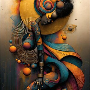 May include: A digital illustration of a figure with dark skin kneeling, adorned in intricate blue and orange patterns. The composition features a large golden circular backdrop, floating planetary spheres, and swirling rings in a vibrant color palette.