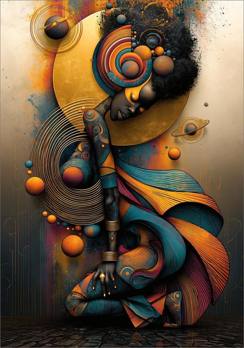 May include: A digital illustration of a figure with dark skin kneeling, adorned in intricate blue and orange patterns. The composition features a large golden circular backdrop, floating planetary spheres, and swirling rings in a vibrant color palette.