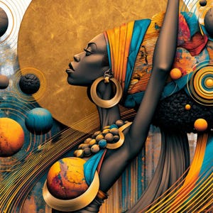 May include: A digital illustration of a person in profile wearing a vibrant orange and blue headwrap and large gold hoop earrings. The figure is adorned with a beaded necklace and surrounded by abstract golden lines and colorful spheres.