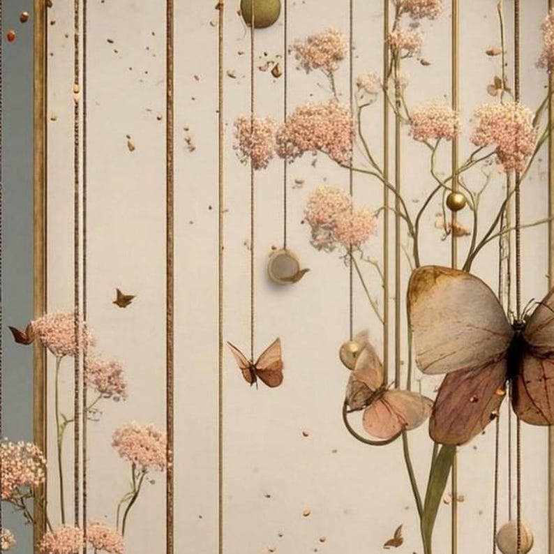 May include: A decorative wall hanging featuring delicate pink flower clusters and brown butterflies suspended by thin gold vertical wires. Small gold spheres and circular accents are interspersed among the floral stems and butterflies.