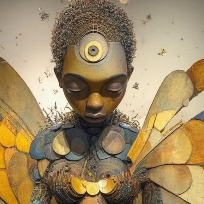 May include: A sculpture of a figure with a textured, dark brown head featuring a circular emblem on the forehead. The body is constructed from layered, circular, metallic-toned discs in shades of blue, gold, and brown, with large wing-like structures.