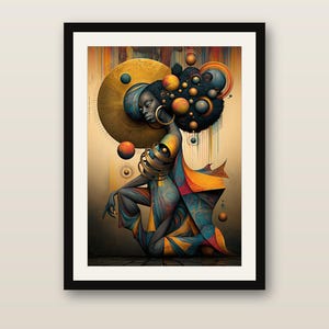 May include: A framed digital art print featuring a kneeling figure with dark skin, adorned in gold hoop earrings and stacked arm bangles. The figure has a voluminous hairstyle decorated with floating spheres in shades of gold, blue, and orange.