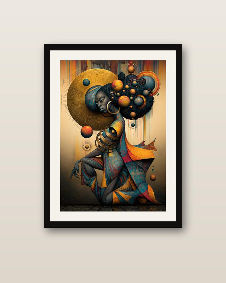 May include: A framed digital art print featuring a kneeling figure with dark skin, adorned in gold hoop earrings and stacked arm bangles. The figure has a voluminous hairstyle decorated with floating spheres in shades of gold, blue, and orange.