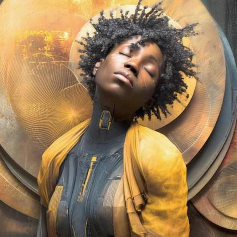 May include: A person with dark skin and textured hair, eyes closed, wearing a dark gray high-neck garment with a yellow accent piece at the throat and a yellow shawl. The background features concentric circular metallic gold patterns.