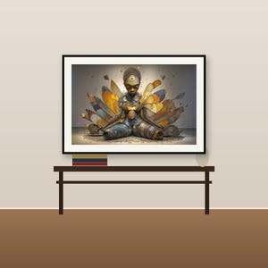 May include: A framed wall art print featuring a dark-skinned figure in a meditative pose, surrounded by large, layered, fan-like wings in shades of amber, gold, and blue. The figure has a circular emblem on the forehead and chest.