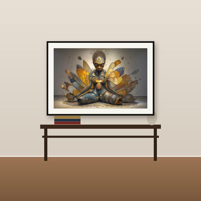 May include: A framed wall art print featuring a dark-skinned figure in a meditative pose, surrounded by large, layered, fan-like wings in shades of amber, gold, and blue. The figure has a circular emblem on the forehead and chest.
