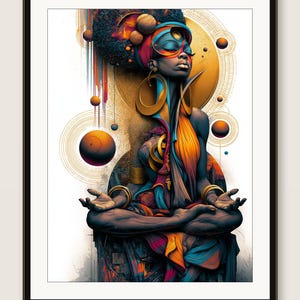 May include: A framed digital art print featuring a person with dark skin in a meditative lotus pose. The figure wears large gold hoop earrings, a vibrant headwrap, and flowing garments in shades of blue, orange, and magenta, set against gold circular motifs.