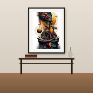 May include: A framed wall art print featuring a figure in a meditative pose with closed eyes, surrounded by floating golden spheres and circular rings. The artwork uses a vibrant color palette of deep blues, oranges, and reds, set against a white background.