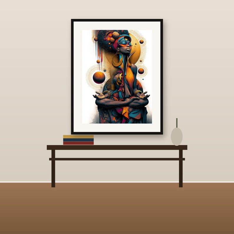 May include: A framed wall art print featuring a figure in a meditative pose with closed eyes, surrounded by floating golden spheres and circular rings. The artwork uses a vibrant color palette of deep blues, oranges, and reds, set against a white background.