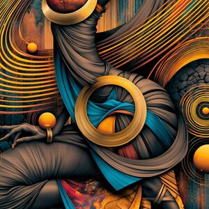 May include: An abstract digital artwork featuring flowing dark fabric draped in curves, accented by vibrant blue and orange highlights. A prominent gold ring sits centrally, surrounded by concentric golden lines and spheres.