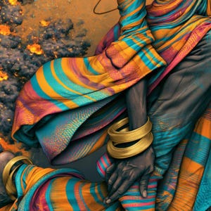 May include: A flowing garment featuring vibrant horizontal stripes in shades of orange, teal, and pink. The fabric is draped over dark skin, accented by two thick, polished gold-toned bangles worn on the wrist and one on the ankle.
