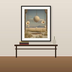 May include: A framed wall art print featuring a surreal landscape with a large central sphere, smaller hanging spheres, and white flowers. The scene includes a desert-like field, distant mountains, and a clear sky, all enclosed within an ornate archway.